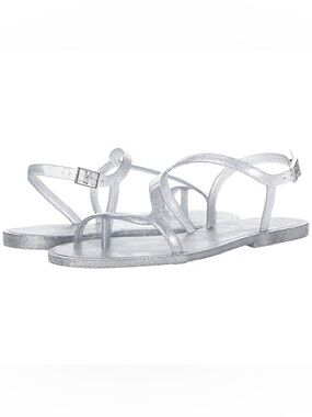NEW Schutz Silver Glitter Jelly Strappy Flat Sandals Size 10